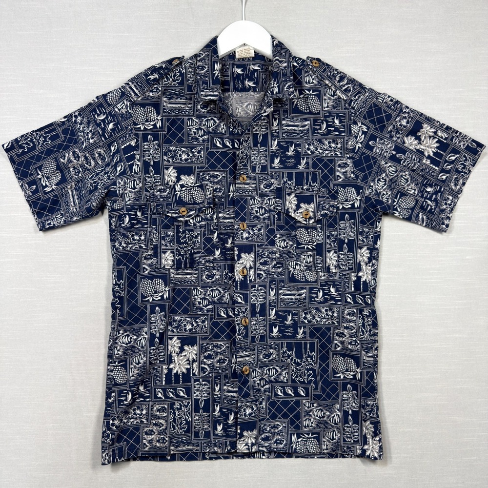 Vintage Barefoot In Paradise Hawaiian Shirt Men M Blue Shoulder‎ Epaulets